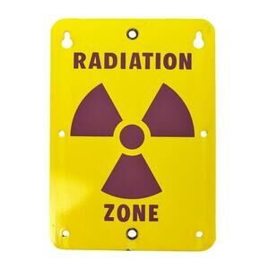 Vtg Radioactive Zone Porcelain Sign 14"x10" Iconic Yellow Back with Red Trefoil